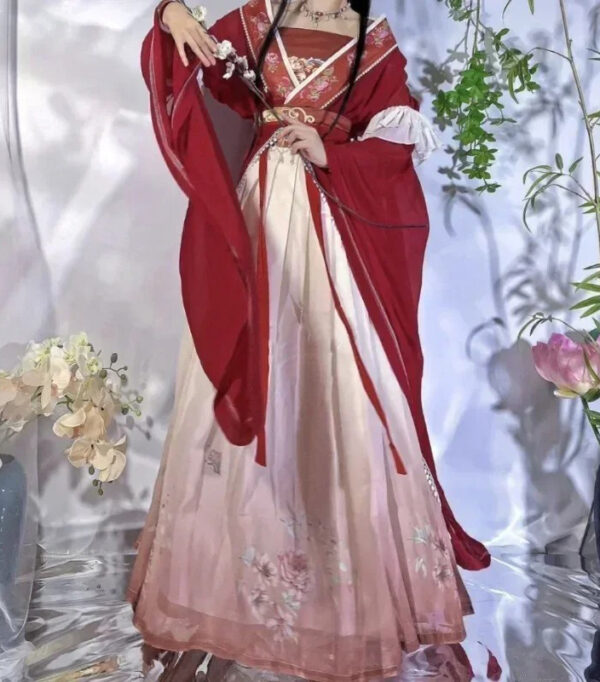 2025 Retro Chinese Style Red Vestido Hanfu Dress Women Traditional Print Long Skirt 5 Piece Set Elegant Girls Party Skirt Set - Image 4