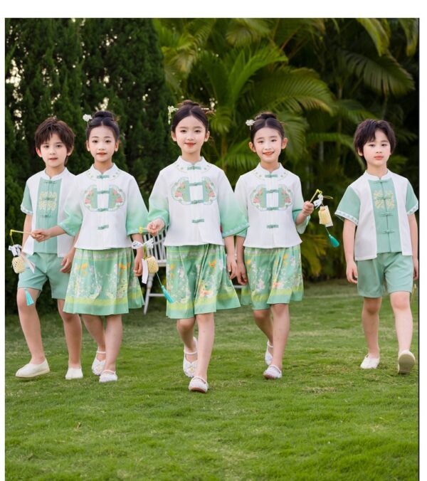 China Hanfu for Student Team Uniform Customize Logo Chinese Style Boy Girl's Hanfu Short Sleeve Prince & Princess - Image 4
