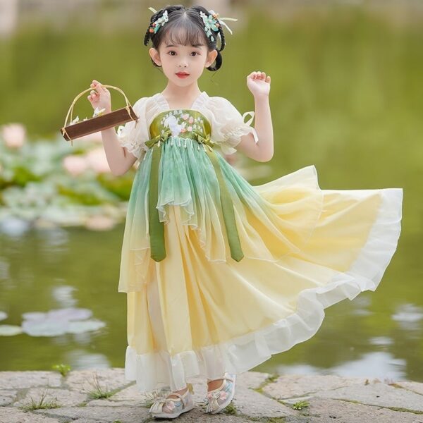 Summer Small Baby Girls Puff Sleeve Hanfu Little Girl Dress With Ribbon Elegance Tang Chinese Ancient Style Dresses for 3 to 10yrs - Image 2