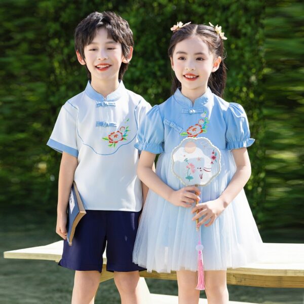 Chinese Style Baby Girl's Dress Short Sleeve Vintage Hanfu Dress Blue  Princess Dress Kids Modern Hanfu for Customize Name - Image 2