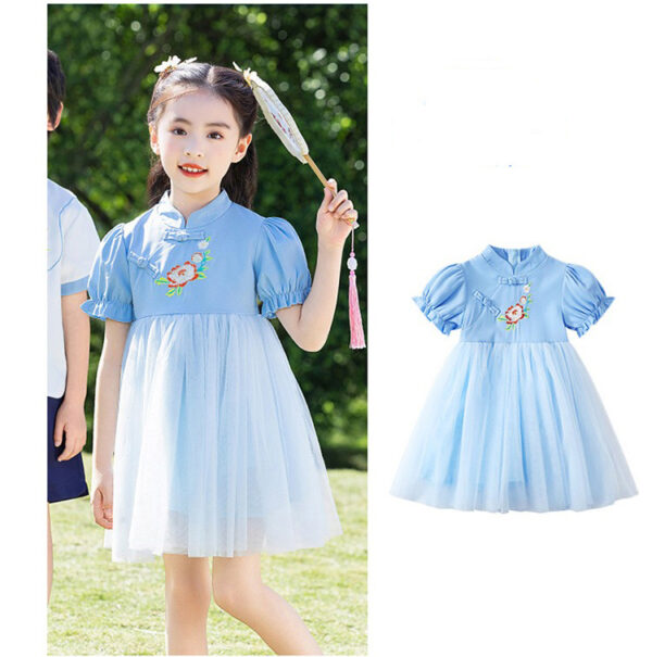 Chinese Style Baby Girl's Dress Short Sleeve Vintage Hanfu Dress Blue  Princess Dress Kids Modern Hanfu for Customize Name - Image 5