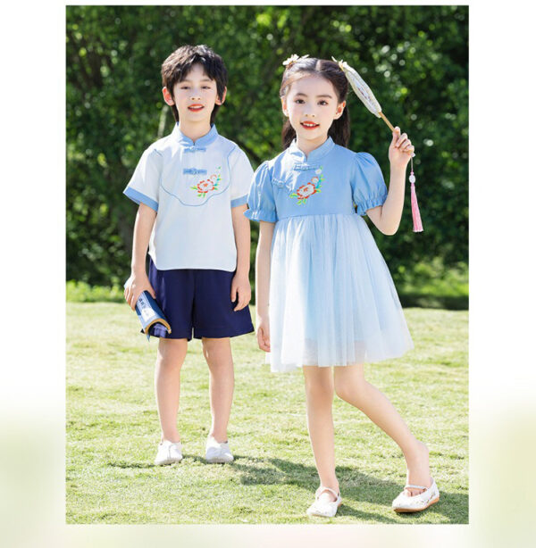 Chinese Style Baby Girl's Dress Short Sleeve Vintage Hanfu Dress Blue  Princess Dress Kids Modern Hanfu for Customize Name - Image 7