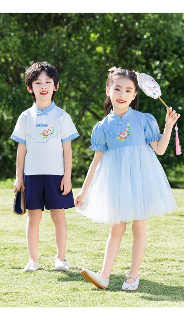 Chinese Style Baby Girl's Dress Short Sleeve Vintage Hanfu Dress Blue  Princess Dress Kids Modern Hanfu for Customize Name - Image 10
