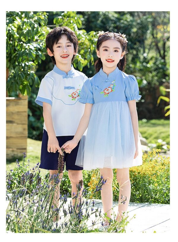 Chinese Style Baby Girl's Dress Short Sleeve Vintage Hanfu Dress Blue  Princess Dress Kids Modern Hanfu for Customize Name - Image 9