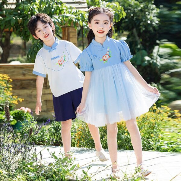 Chinese Style Baby Girl's Dress Short Sleeve Vintage Hanfu Dress Blue  Princess Dress Kids Modern Hanfu for Customize Name - Image 3