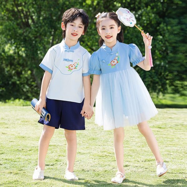 Chinese Style Baby Girl's Dress Short Sleeve Vintage Hanfu Dress Blue  Princess Dress Kids Modern Hanfu for Customize Name - Image 4