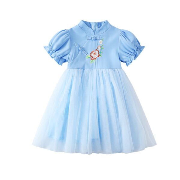 Chinese Style Baby Girl's Dress Short Sleeve Vintage Hanfu Dress Blue  Princess Dress Kids Modern Hanfu for Customize Name - Image 8