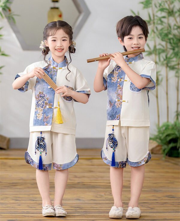 Boys Chinese Tang Student Clothing Print Blue Flower Top for Girls Support Customize Embroidery Logo Name - Image 2