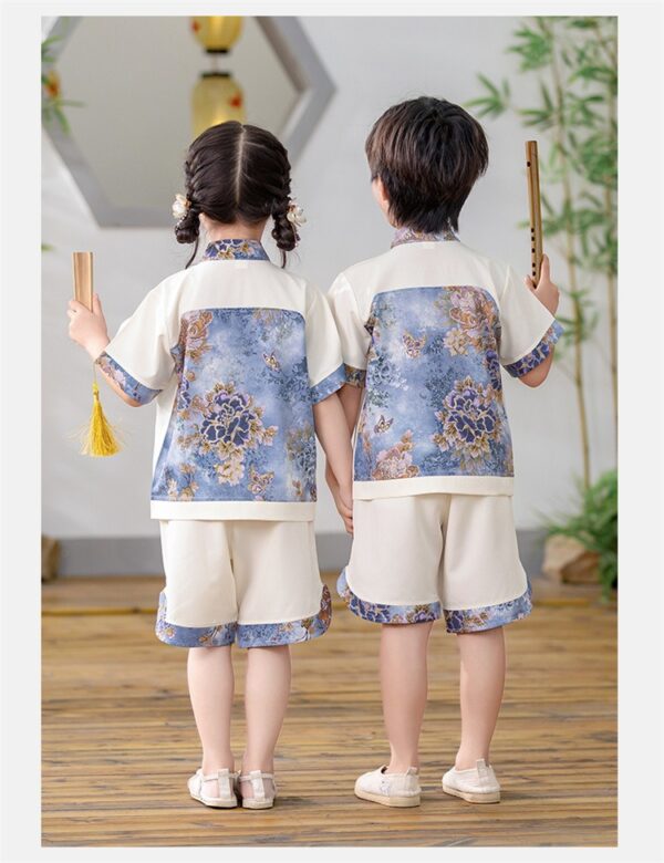 Boys Chinese Tang Student Clothing Print Blue Flower Top for Girls Support Customize Embroidery Logo Name - Image 4