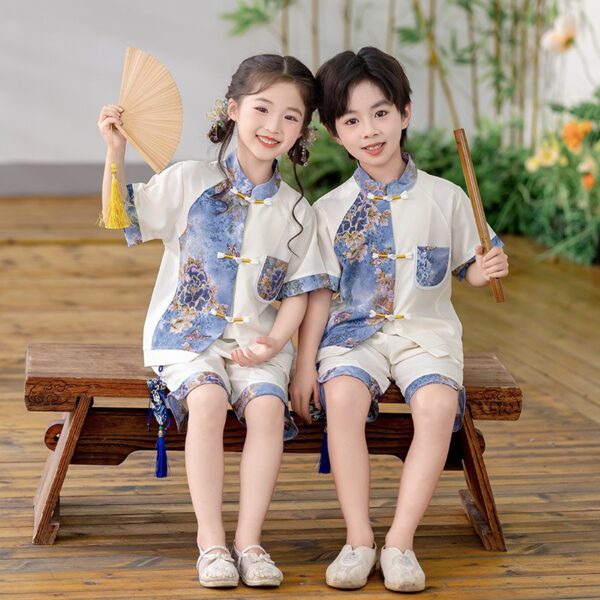 Boys Chinese Tang Student Clothing Print Blue Flower Top for Girls Support Customize Embroidery Logo Name - Image 5
