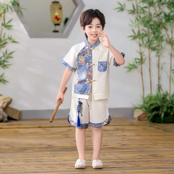 Boys Chinese Tang Student Clothing Print Blue Flower Top for Girls Support Customize Embroidery Logo Name - Image 6