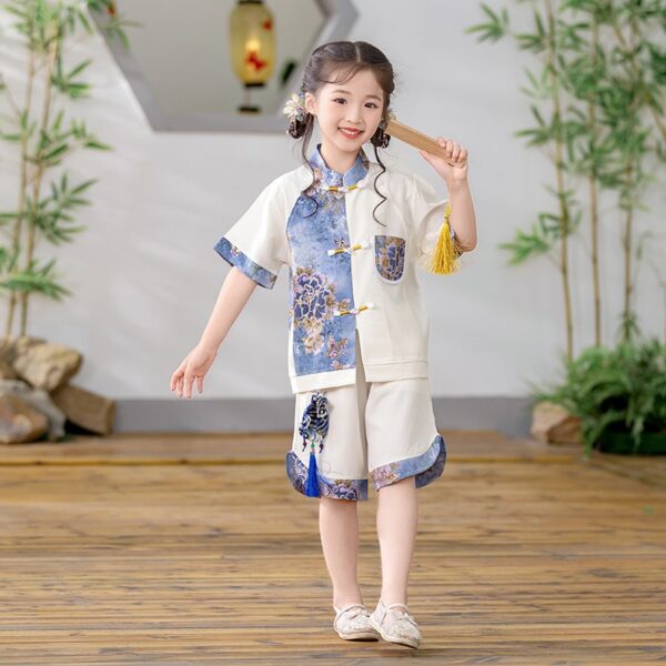 Boys Chinese Tang Student Clothing Print Blue Flower Top for Girls Support Customize Embroidery Logo Name - Image 9