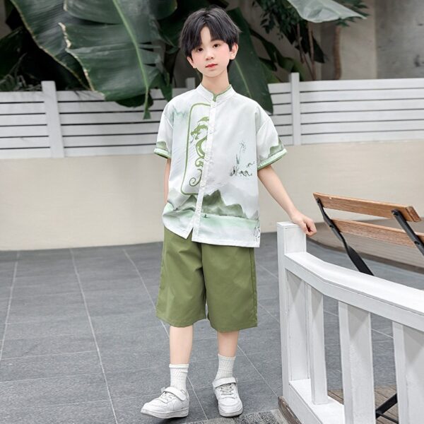 Boys' Chinese Style Set Summer Short Sleeved Capri Pants Landscape Painting Kids hanfu customize name For Children - Image 2