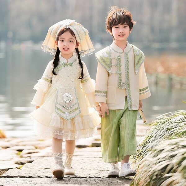 The Hani Nationality clothing Girl's Dress Short Sleeve Vintage Hanfu Dress Blue  Princess Dress Kids Modern Hanfu for Customize Name - Image 2